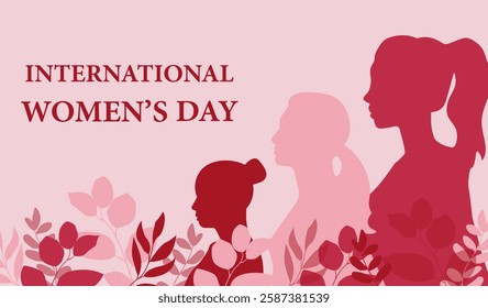 Women's Day silhouettes pink background. Woman sign illustration, International women's day concept, Women’s Day Greeting Cards, poster, banner and other. Vector illustration, pink background