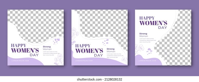 Women's day social media post template. Editable square banner with flower decoration and place for the photo. Usable for social media post, banner, card, and web