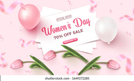 Women's Day Special Offer. 70 percent Off Sale banner design with white sheets, pink and white air balloons, tulips, falling foil confetti on rosy background. Womens Day Template. Vector illustration