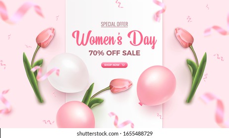 Women's Day Special Offer. 70 percent Off Sale banner design with white frame, pink and white air balloons, tulips, falling foil confetti on rosy background. Womens Day Template. Vector illustration