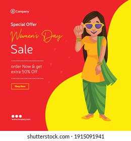 Women's day special offer sale banner design. Girl is wearing sunglasses. Vector graphic illustration.