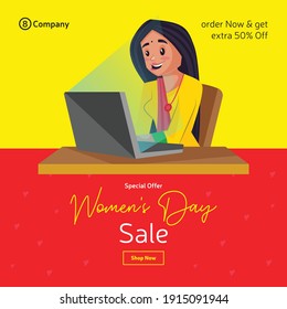 Women's day special offer sale banner design. Girl is working on the laptop. Vector graphic illustration.