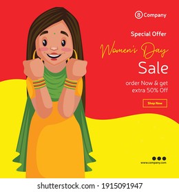 Women's day special offer sale banner design. Girl is showing his bangles. Vector graphic illustration.