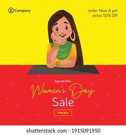 Women's day special offer sale banner design. Girl is thinking. Vector graphic illustration.