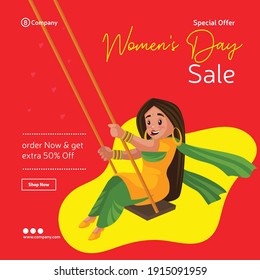 Women's day special offer sale banner design. Girl is swinging on the swing. Vector graphic illustration.