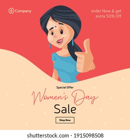 Women's day special offer sale banner design. Girl showing thumbs-up sign.  Vector graphic illustration.