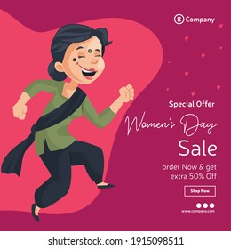Women's day special offer sale banner design. Woman is running.  Vector graphic illustration.