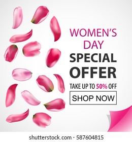 Women's Day Special Offer. Tulips leafs. Vector sale banner. The 8th of March