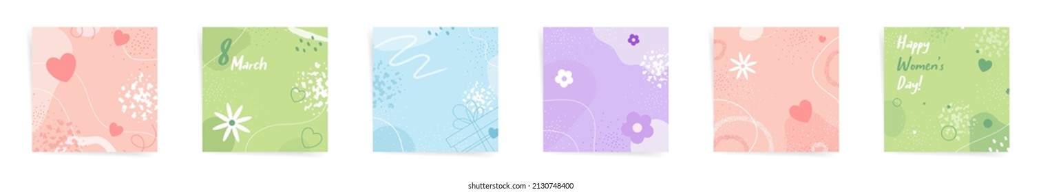 Women's day spring sale square post banners fashion template set. 8 march design sale promo posts. Design with wavy patterns, flowers, and abstract shapes in orange, blue, and green colors set.