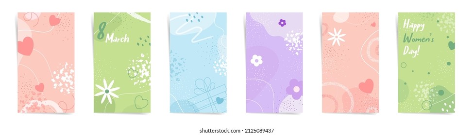 Women's Day Spring Sale Stories Banners Fashion Template Set. 8 March Design For Stories And Promo Posts. Design With Wavy Patterns, Flowers, And Abstract Shapes In Orange, Blue, And Green Colors Set.