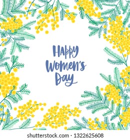Women's Day square greeting card template decorated by beautiful blooming mimosa or silver wattle flowers and leaves. Colorful floral vector illustration in cute flat style for 8 march celebration.