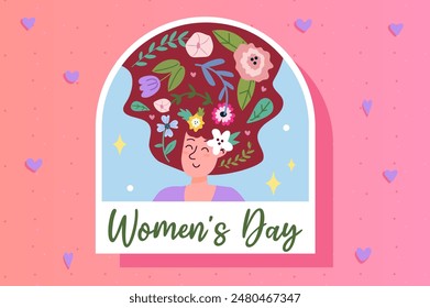 Women's Day sticker concept in flat cartoon design. This lovely bright image shows a sticker of a beautiful and happy girl with flower hair. Vector illustration.