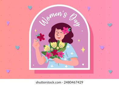 Women's Day sticker concept in flat cartoon design. This beautiful illustration depicts a sticker of a happy woman holding a bouquet of flowers. Vector illustration.