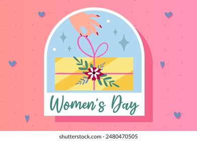 Women's Day sticker concept in flat cartoon design. A woman's hand opening a gift is featured in this lovely sticker, which is placed on a pink background. Vector illustration.