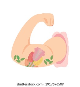 womens day, strong female arm with flowers in cartoon style vector illustration