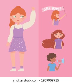 womens day, strong female group portrait cartoon, girl power vector illustration