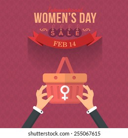 Women's Day Style Website Shopping Banner. Hands hold Sale Basket Vector Illustration