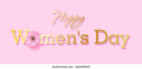 Womens day text design with flowers and pink background. Vector illustration. Womens day greeting design. Template for poster, card, banner.
