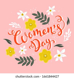 Women's Day Text with Flowers and Leaves Decorated on Pink Background.