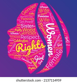 Women's day theme word cloud, related to female or women text art with beautiful female face shape background vector illustration.