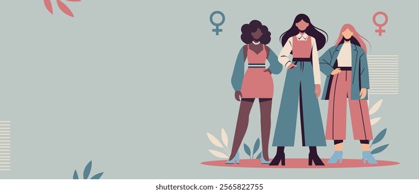 Women's day. Three different strong women stand together on a floral background with space for text. Stylized vector horizontal banner, postcard for advertising and women's projects