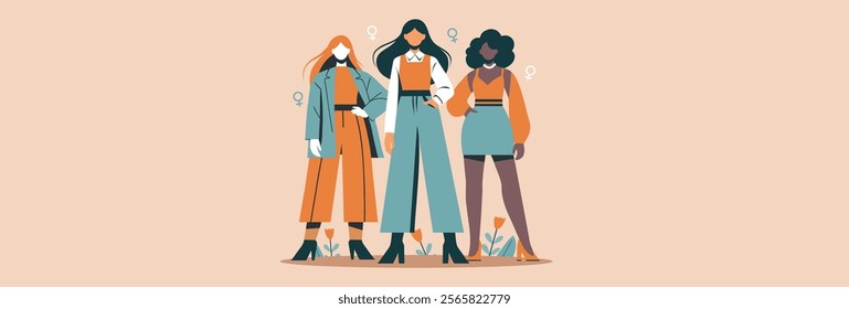 Women's day. Three different strong women standing together on floral background with space for text. Stylized vector horizontal banner, postcard for feminism day, equality and empowerment day