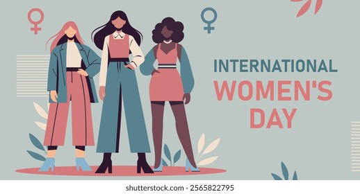 Women's day. Three different strong women stand together on a floral background with space for text. Stylized vector banner, postcard for advertising and women's projects