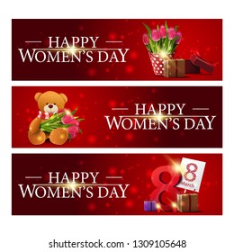 Women's day three red horizontal congratulatory banners with bucket with tulips, gift, Teddy bear with a bouquet of tulips and gifts with the number eight
