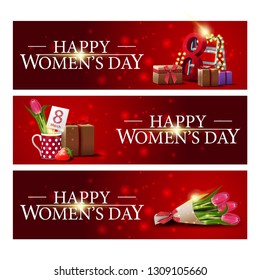 Women's day three red horizontal congratulatory banners with gifts, garland, tulip in a mug and bouquet of tulips