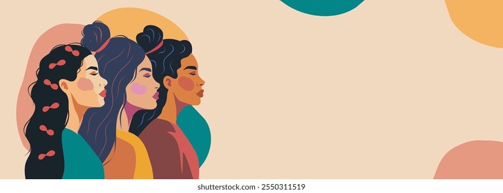 Women's day. Trendy flat illustration strong women stand together. Women empowerment. Feminism. Gender equality. Vector banner flat style with place for text