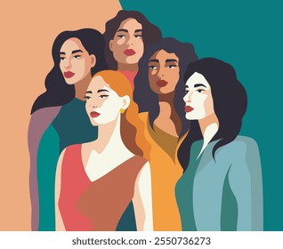 Dia da Mulher. Trendy plana ilustração mulheres fortes ficar juntos. Estilo plano do banner do vetor. Empoderamento feminino. Feminismo. Igualdade de gênero