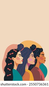 Dia da Mulher. Trendy plana ilustração mulheres fortes ficar juntos. Feminismo. Empoderamento feminino. Igualdade de gênero. Estilo plano de banner de vetor com local para texto