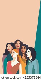 Dia da Mulher. Trendy plana ilustração mulheres fortes ficar juntos. Estilo plano de banner de vetor com local para texto. Empoderamento feminino. Feminismo. Igualdade de gênero