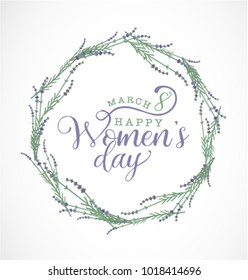 Women's Day Typographical Design Element with Lavender Wreath for Greeting Cards