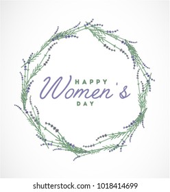 Women's Day Typographical Design Element with Lavender Wreath for Greeting Cards