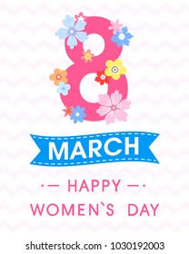 Women`s Day typography with different flowers and ribbon.Seasons greetings card perfect for prints,flyers,posters,holiday invitations and more.Vector 8 march card.