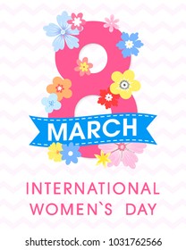 Women`s Day typography with different flowers and ribbon.Seasons greetings card perfect for prints,flyers,posters,holiday invitations and more.Vector 8 march card.