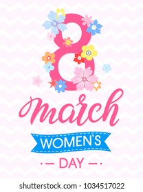 Women`s Day typography with different flowers and ribbon.Seasons greetings card perfect for prints,flyers,posters,holiday invitations,promotion,special offer and more.Vector 8 march card.