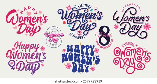 Women's Day Typography Set Vector Illustration. Happy Women’s Day Lettering Designs for T-Shirts, Cards, stickers, tags, Posters, Banners. March 8, International Women's Day Bundle logotype