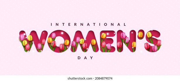 Women's day typography vector design. International womens day 3d text with tulips flower decoration element for female greeting concept decoration. Vector illustration.

