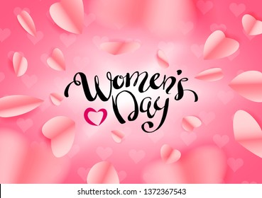 Women's Day, Valentines Day Design Greeting Card lovely background. Shiny Red And Pink Paper Shape Forms Hearts Fly Center Screen. Can be used on banners, web or flyers. Vector illustration. EPS 10.