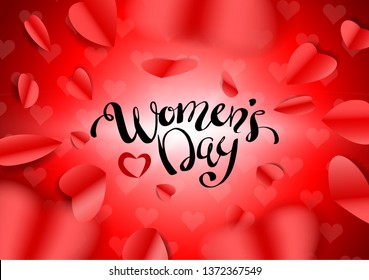 Women's Day, Valentines Day Design Greeting Card lovely background. Shiny Red And Pink Paper Shape Forms Hearts Fly Center Screen. Can be used on banners, web or flyers. Vector illustration. EPS 10.
