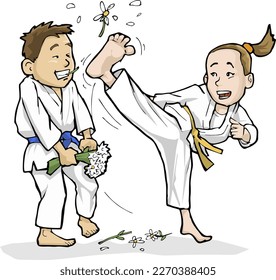 Women's Day, Valentine's day, February 14. Birthday. Vector illustrations of love, couple, heart, valentine, man, girl, woman, flower. Karate girl kicking.Fector illustration EPS10