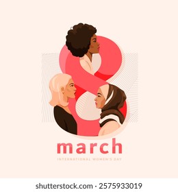 Womens day vector background. 8 march template concept with woman faces, big number 8, geometric line pattern, typography text. Different girls support together. Feminism concept design.