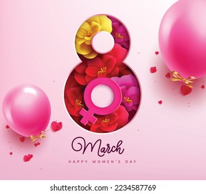 Women's day vector background design. Happy women's day beautiful greeting card with flowers and female icon in number eight elements. Vector Illustration.
