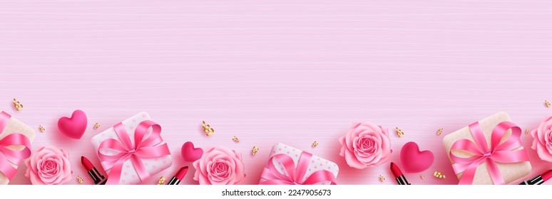 Frauentag, Vektorhintergrund-Design. Fröhliche Mutter-Tag Grußkarte und Einladungskarte mit Geschenken, Blumen und herzhaften Dekorationselementen auf rosafarbenem Hintergrund. Vektorgrafik. 