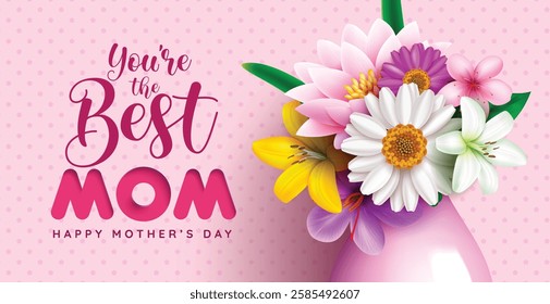 Women's day vector background design. Happy women's day greeting text with chamomile and heliconia colorful flowers for feminine celebration decoration. Vector illustration.
