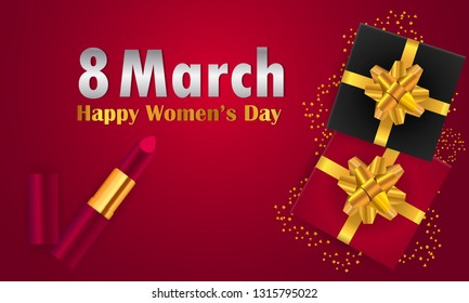 Womens Day vector background. Happy Womens Day greeting text with 3d realistic lipstick, top view. Decorative gift concept.