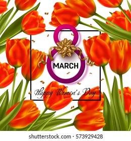 Womens day vector background with red tulips, gold bow and confetti.