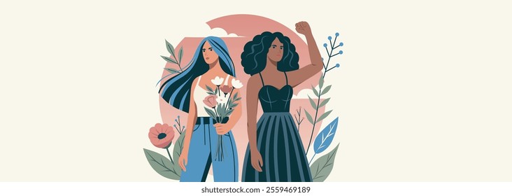 Women's day. Vector banner with space for text two different women with flowers and a protest gesture symbolizes gender equality and the fight for empowerment. Suitable for women's holidays, website